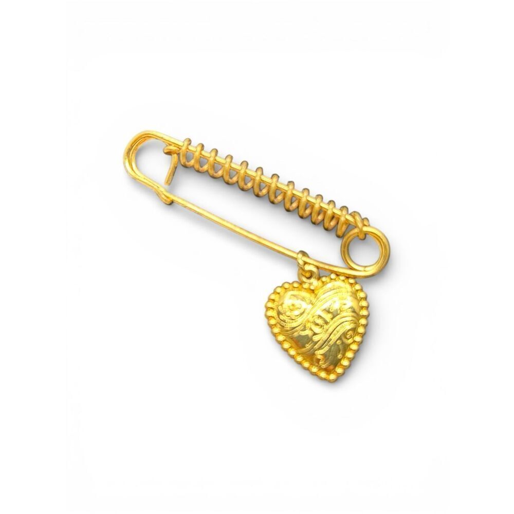 Vintage Gold-Tone Heart Charm Safety Pin Brooch Romantic Coquette